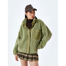 Koton Oversize Cep Detaylı Çıtçıt Düğmeli Peluş Sweatshirt Haki 5wal10876ık Haki
