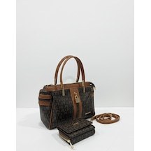 Just Polo Kadın Lüks El & Omuz Çantası Gold Detaylı Özel Tasarım Çanta Ve Uyumlu Cüzdan 22x28 Cm Kahverengi - Taba