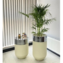 Dekoratif Krom Darbuka Beyaz Saksı 70cm + Sehpa 60cm İkili Set