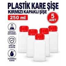 Plastik Kare Şişe 250 Ml - Kırmızı Kapaklı Şişe 5 Adet