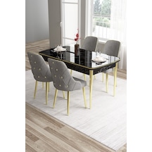 Canisa Tia Serisi 80x132 Açılabilir Mdf Siyah Mermer Desen Gold Detay Masa Takımı Ve 4 Gri Sandalye Masa Siyah Mermer Desen Sandalye Gri
