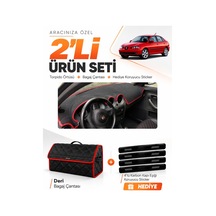 Seat Cordoba 2001-2008 Uyumlu Torpido Örtüsü + Deri Bagaj Çantası + Sticker Seti - Siyah Kırmızı