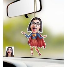 Kişiye Özel Süper Anne Karikatürlü Ahşap Araba Dikiz Ayna Süsü-2