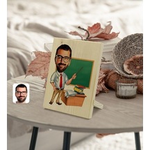 Kişiye Özel Erkek Öğretmen Karikatürlü Dekoratif Ahşap Çerçeve Mo