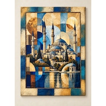 Geometrik Şekil Desenli Cami Ve Göl Detaylı Dekoratif Ahşap Tablo 52x72 Cm