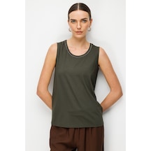 Kadın Sıfır Yaka Yaka Kenarı Zincirli Askılı Penye T-shirt Haki Haki