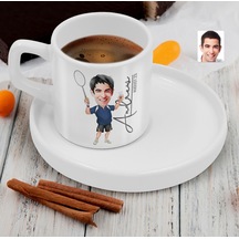 Bk Gift Kişiye Özel Sunum Tabaklı Erkek Badminton Karikatürlü Kahve Fincanı-1, Sevgiliye Hediye, Aileye Hediye, Arkadaşa Hediye Beyaz