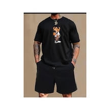 Medinenur Peluş Ayı Baskılı T-shirt Short Bol Paça Rahat Kalıp Siyah Alt Siyah Üst Short Takım Siyah