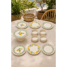 Yeşil Limon 11 Parça 6 Kişilik Handmade Stackable Seramik Tabak Seti Premium Sunum & Kahvaltı Takımı Beyaz