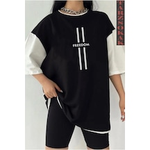Siyah Oversize Çift Renk Freedom Yazı Baskılı Unisex Tshirt Beyaz