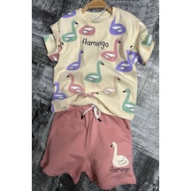 Riccotarz Kız Çocuk Flamingo Baskılı Kısa Kollu Pudra Şortlu Takım 001