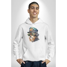 Tren Sürücüsü Gözlüklü Yorkshire Kadın Erkek Beyaz Kapüşonlu Sweatshirt Hoodie Beyaz