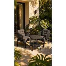 Cenevre Raddan 1+1 Bistro Set Minderli 2 Kişilik Raddan Oturma Grubu Camlı Sehpa Bahçe Balkon Teras Set Antrasit