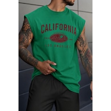 Cool Tarz Erkek Oversize Kolsuz Tişört %100 Pamuk California Baskılı Bisiklet Yaka Atlet Yeşil Yeşil