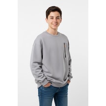 Bisiklet Yaka Cep Fermuar Detaylı Erkek Çocuk Sweatshirt-90852 Gri