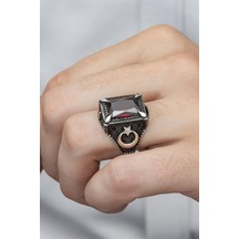 Yüzük Sanatı Dikdörtgen Ayyıldız Motifli Kırmızı Taşlı 925 Gümüş Erkek Yüzük