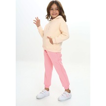 Toontoy Kids Toontoy Kız Çocuk 2'li Takım Baskılı Kapüşonlu Cepli Sweatshirt & Beli Paçası Lastikli Jogger Eşofman Altı - Bant Detaylı & 3 İplik Şardonlu Pembe