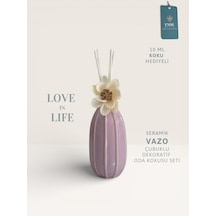 Love In Life Ithal Seramik Çizgili Vazo Çubuklu Dekoratif Oda Kokusu Seti Oda Kokusu Hediyeli Mor Çiçekler