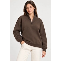 Üç İplik İçi Şardonlu Dik Yaka Yarım Fermuarlı Kışlık Sweatshirt - Kahverengi