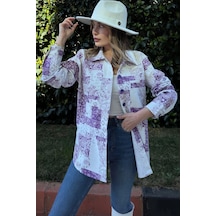 WeShaya Kadın Mor Desenli Gabardin Kumaş, Eteği Oval Kesim, Cepli, Oversize Gömlek Mor