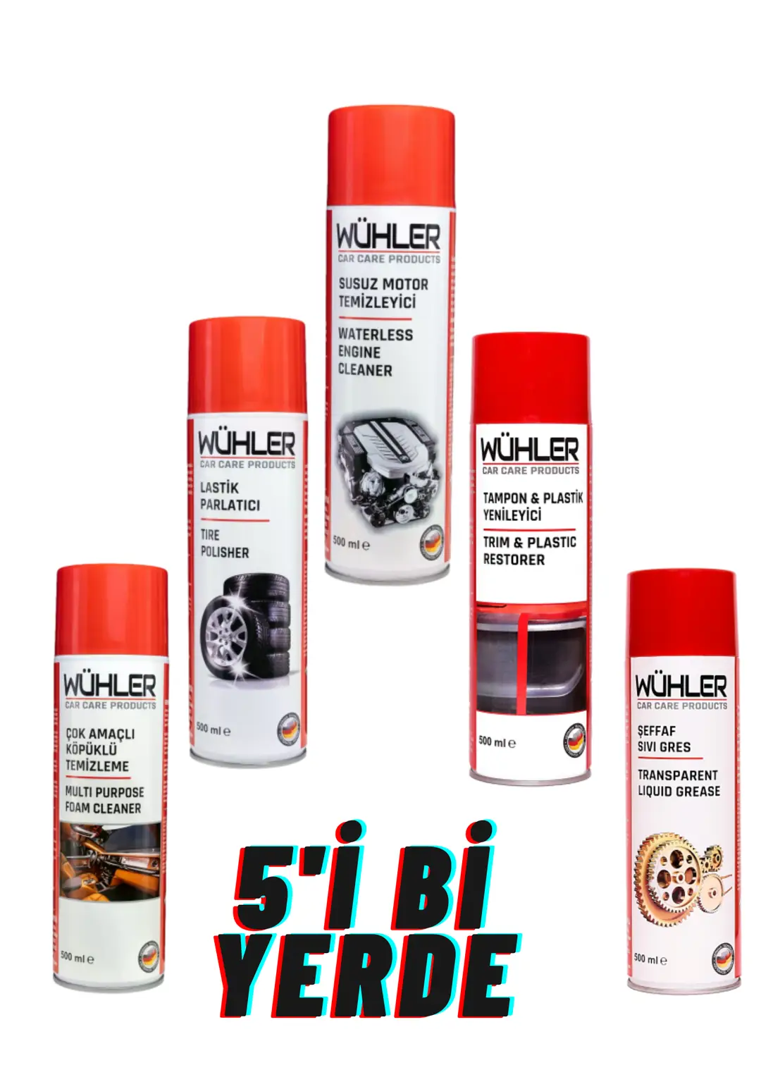 Wühler Susuz Motor Temizleyici + Tampon Ve Plastik Yenileyici + Lastik Parlatıcı + Şeffaf Sıvı Gres + Çok Amaçlı Temizleyici Köpük 500 Ml 5'i Bir Yerde 2500 Ml
