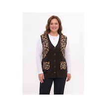 Onno Style Women Simli Leopar Desen Klasik Düğmeli Yelek Kahverengi