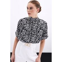 Sateen Kısa Kol Desenli Bluz - Siyah-135898 Siyah
