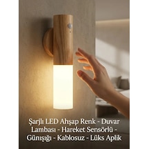 Şarjlı Ahşap Görünümlü Led Duvar Lambası Kablosuz Hareket Sensörlü Günışığı Aplik