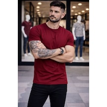 Erkek Body Tişört Bisiklet Yaka Slim Fit Likralı T-shirt - Bordo