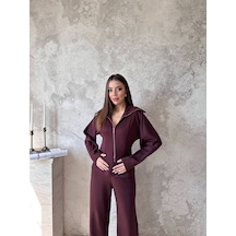 Hopıan Kadın Bordo Fermuarlı Yarasa Kol Crop Sweatshirt