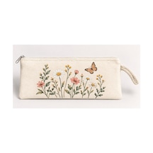 Mor Mürekkep Kelebekli Kır Çiçekleri Baskılı Fermuarlı Clutch El Çantası Makyaj Çantası Model 01286 Çok Renkli