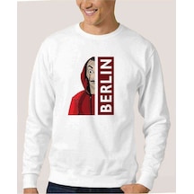 La Case De Papel Berlin Baskılı Beyaz Erkek Örme Sweatshirt
