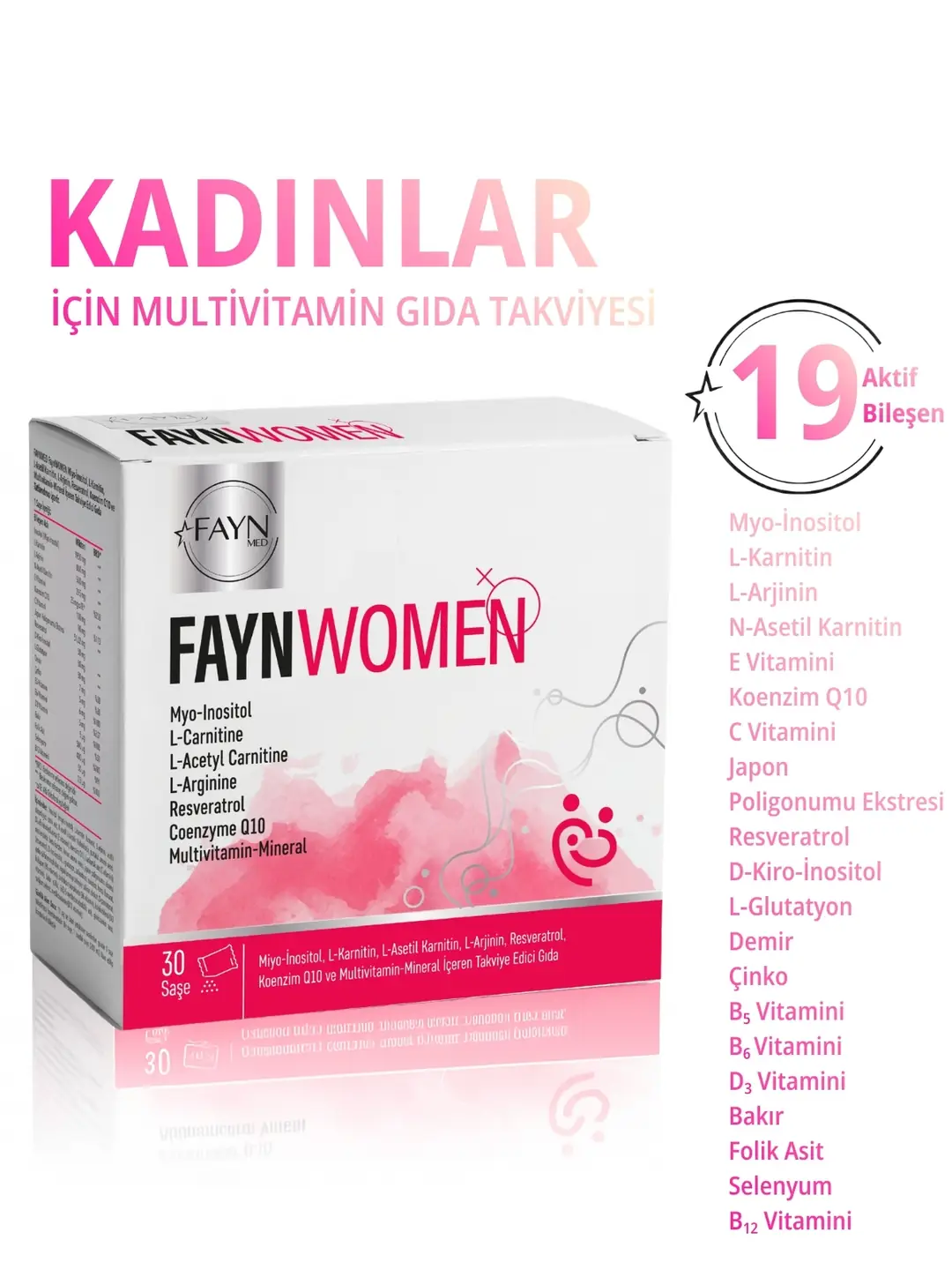 Faynwomen Kadınlara Özel Miyo-inositol, L-karnitin, Resveratrol, Koenzim Q10 Ve Multivitamin Gıda Takviyesi 30 Saşe