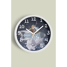 Yıldızlı Hayvanlı Uzay - Astronot - Astronomi Temalı Modern Duvar Saati - 35cm - Önü Camlı Beyaz