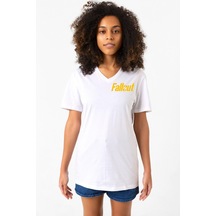 Fallout Lettern Beyaz Kadın V Yaka Tshirt Beyaz