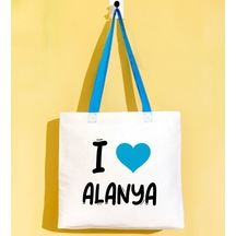 Bk Gift I Love Alanya Turkuaz Renkli Kulp Gabardin Bez Çanta 40x35cm, Baskılı Omuz Çantası, Alışveriş Çantası, Plaj Çantası Haki