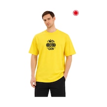 Unisex Oversize Sarı No Pain No Gain Baskılı Tişört %100 Pamuk Spor Fitness Gym T-shirt Kadın Erkek Sarı
