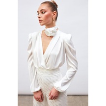 Sateen Kruvaze Saten Bodysuit Bluz - Ekru