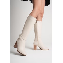 Analin Shoes Kadın Hakiki Deri Toka Detaylı Topuklu Çizme Krem