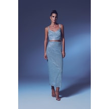 Sateen Fermuarlı Karolin Midi Etek - Gümüş-135352 Gümüş