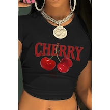 Cool Tarz Kadın Baskılı Crop Tişört - Cherry Desenli, Yazlık Kısa Kollu Bluz Siyah Siyah
