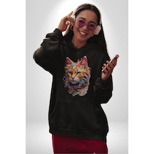 Hayvan Kedi Sanat Potre Kadın Erkek Siyah Kapüşonlu Sweatshirt Hoodie Siyah