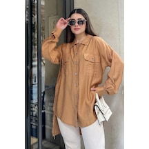 WeShaya Kadın Taba Balon Kol, Pileli, Yırtmaçlı, Oversize, Keten Tunik Gömlek Bej