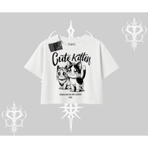 Tarzsokak Cute Kitten Yazılı Sevimli Kedi Baskılı Oversize Crop Tshirt Beyaz