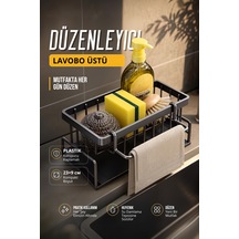 Mutfak Evye Üstü Tezgah Organizer Plastik Süngerlik Sabunluk Bez Askılı Tepsili Düzenleyici Siyah