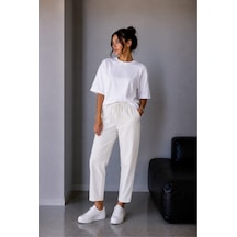 Vadon 1019 Kadın %100 Pamuk Gabardin Lastikli Bel Havuç Kesim Pantolon Beyaz