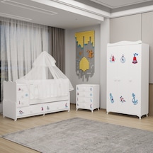 Melina Yıldız 3 Kapaklı Bebek Odası + Yatak + Uyku Seti - Denizci Beyaz