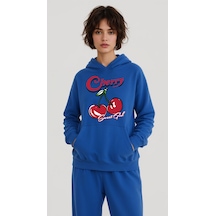 Uyguntarz Unisex Sweet Girl Cherry Baskılı Tasarım Oversize Sweatshirt Mavi
