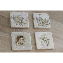 Müzik Aletleri Doğal Taş Bardak Altlığı 4'lü Set - Natural Stone Coasters - Taş Beyaz