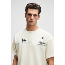 LANDI Erkek Önü Nakışlı Ve Baskılı Sırtı Baskılı %100 Organik Pamuk Bisiklet Yaka Oversize Fit Krem